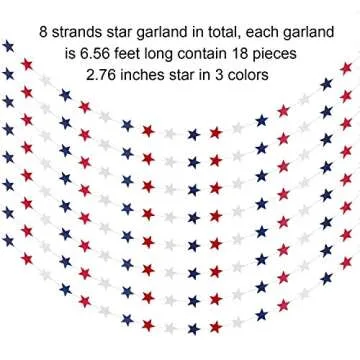 TecUnite 8 Strands Patriotic Star Streamers Banner Garland for 4th of July BBQ, Memorial Day, Veterans Day Party, Independence Day Celebration, Labor Day， Holiday Decorations, Red White Blue