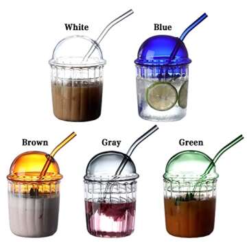 TITA-DONG Cute Drinking Glasses with Glass Dome Lid and Straw, Reusable Wide Mouth Smoothie Cups 15o...