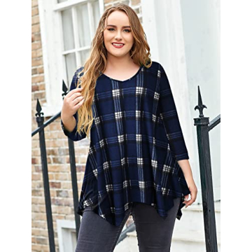 Stylish Plus Size Plaid V Neck Blouse for Women