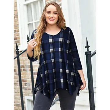 Stylish Plus Size Plaid V Neck Blouse for Women