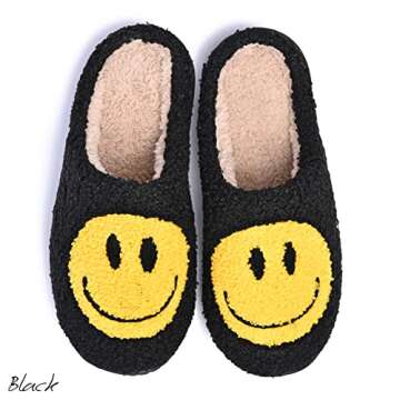 AIMINUO Women's Men's Retro Preppy Happy Face Slippers Comfy Warm Plush Slip-On House Slipper for Winter Indoor Soft Cushion Non-slip Fluffy Slides Slippers Black 5.5-6.5 Women/5-6 Men