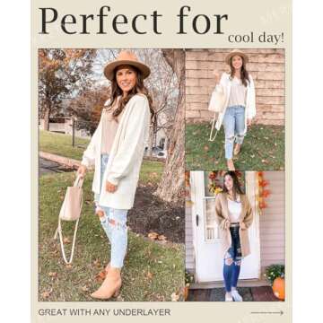 MEROKEETY Women's 2024 Fall Open Front Chunky Knit Sweater Oversized Lantern Sleeve Cardigan Outwear, Beige, Large