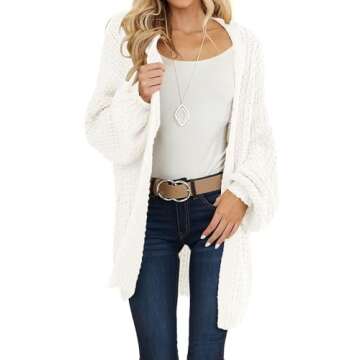 MEROKEETY Women's 2024 Fall Open Front Chunky Knit Sweater Oversized Lantern Sleeve Cardigan Outwear, Beige, Large