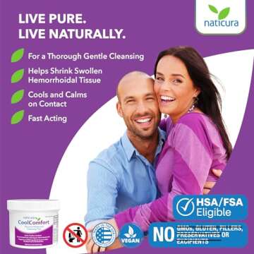 Naticura CoolComfort Personal Cleansing Pads with Organic Witch Hazel and Aloe Vera - All-Natural and Fast Acting Wipes for Hemorrhoid Burning, Itching, Pain and Swelling - 100 Pads - No Parabens
