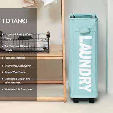 TOTANKI 22" Rolling Slim Laundry Basket with Handle on Wheels, Foldable Laundry Hamper, Collapsible Laundry Sorter and Organizer, Tall Storage Basket Bin (Light Blue)