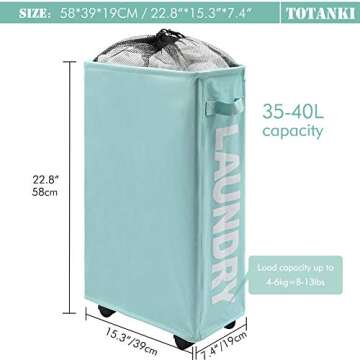 TOTANKI 22" Rolling Slim Laundry Basket with Handle on Wheels, Foldable Laundry Hamper, Collapsible Laundry Sorter and Organizer, Tall Storage Basket Bin (Light Blue)