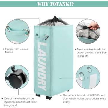 TOTANKI 22" Rolling Slim Laundry Basket with Handle on Wheels, Foldable Laundry Hamper, Collapsible Laundry Sorter and Organizer, Tall Storage Basket Bin (Light Blue)