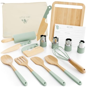 Wooden Cooking & Baking Set for Kids - Safe & Real Kitchen Tools Give Toddlers a Fun Cooking Experie...