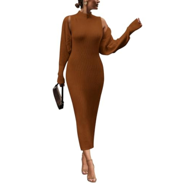 PRETTYGARDEN Womens Fall 2 Piece Outfits Bodycon Maxi Tank Pullover Sweater Dress And Long Sleeve Cropped Cardigan Knit Sets (Caramel,Small)