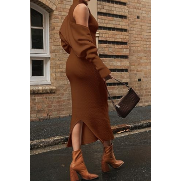 PRETTYGARDEN Womens Fall 2 Piece Outfits Bodycon Maxi Tank Pullover Sweater Dress And Long Sleeve Cropped Cardigan Knit Sets (Caramel,Small)