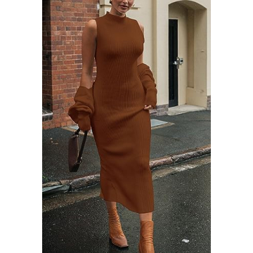 PRETTYGARDEN Womens Fall 2 Piece Outfits Bodycon Maxi Tank Pullover Sweater Dress And Long Sleeve Cropped Cardigan Knit Sets (Caramel,Small)