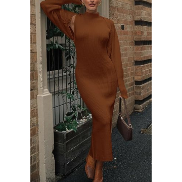 PRETTYGARDEN Womens Fall 2 Piece Outfits Bodycon Maxi Tank Pullover Sweater Dress And Long Sleeve Cropped Cardigan Knit Sets (Caramel,Small)