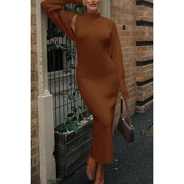 PRETTYGARDEN Womens Fall 2 Piece Outfits Bodycon Maxi Tank Pullover Sweater Dress And Long Sleeve Cropped Cardigan Knit Sets (Caramel,Small)