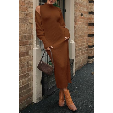 PRETTYGARDEN Womens Fall 2 Piece Outfits Bodycon Maxi Tank Pullover Sweater Dress And Long Sleeve Cropped Cardigan Knit Sets (Caramel,Small)