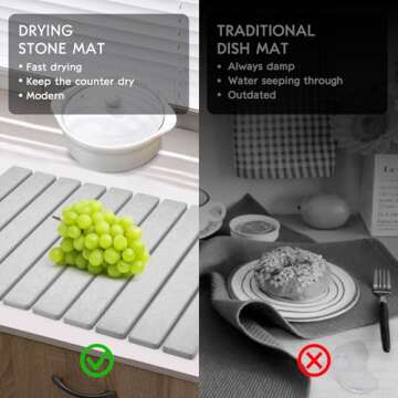 Large Stone Dish Drying Mats for Kitchen Counter, 24"(L)×16"(W) Collapsible Quick Dry Dish Drying Mat, Eco-Friendly Absorbent Diatomaceous Earth Mat for Dishes Bottles Cups, Match Any Countertop