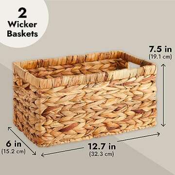 Juvale 2 Pack Small Rectangular Wicker Baskets - 6 Inch Wide Hand Woven Water Hyacinth Storage Baskets for Shelf Organization