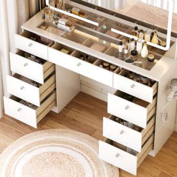 JassmiPkwy Vanity Desk with Mirror, Makeup Vanity Table with Power Outlet, Glass Tabletop, Lights, 9...