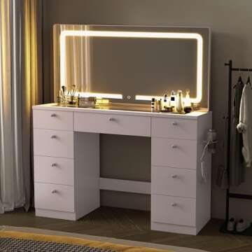 JassmiPkwy Vanity Desk with Mirror, Makeup Vanity Table with Power Outlet, Glass Tabletop, Lights, 9 Storage Drawers, Hair Dryer Rack for Bedroom, White