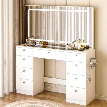 JassmiPkwy Vanity Desk with Mirror, Makeup Vanity Table with Power Outlet, Glass Tabletop, Lights, 9 Storage Drawers, Hair Dryer Rack for Bedroom, White