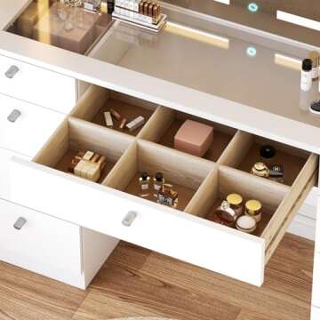 JassmiPkwy Vanity Desk with Mirror, Makeup Vanity Table with Power Outlet, Glass Tabletop, Lights, 9 Storage Drawers, Hair Dryer Rack for Bedroom, White