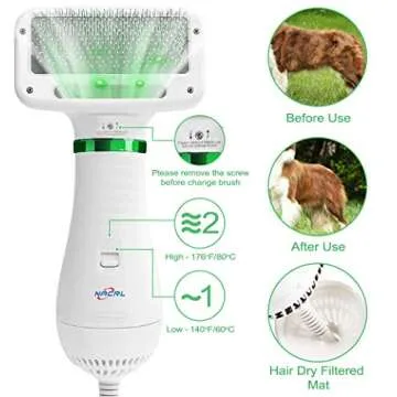 NACRL Dog Hair Dryer, Pet Grooming Hair Blower with Slicker Brush, Adjustable Temperature 2 Settings & Low Noise, 2 in 1 Portable Home Pet Care & Hair Styling Grooming for Medium Small Large Dogs Cat