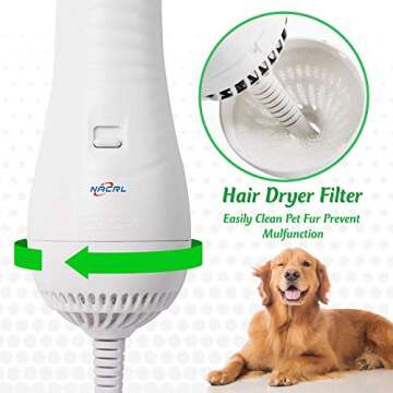 NACRL Dog Hair Dryer, Pet Grooming Hair Blower with Slicker Brush, Adjustable Temperature 2 Settings & Low Noise, 2 in 1 Portable Home Pet Care & Hair Styling Grooming for Medium Small Large Dogs Cat