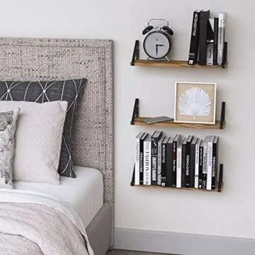 Wallniture Ponza Floating Shelves for Wall, Laundry Room and Bathroom Storage Shelf Unit Set of 3, Natural Burned Rustic Wood Wall Decor with Metal Floating Shelf Bracket