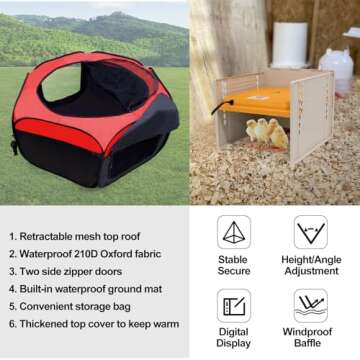 Brooder Box for Chick Starter Kit, Pop-Up Baby Chicken Brooder Pen/Playpen/Tent, Perch Up to 17 Chicks, Kit with Adjustable Heating Plate, Storage Bag, Top Cover, Fixed Pegs, Waterproof Mat
