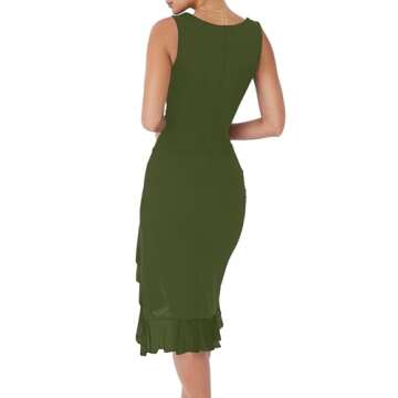 BORIFLORS Women's Sexy Ruched Bodycon Midi Dresses Square Neck Sleeveless Ruffle Hem Club Party Tank Dress, X-Large, Army Green