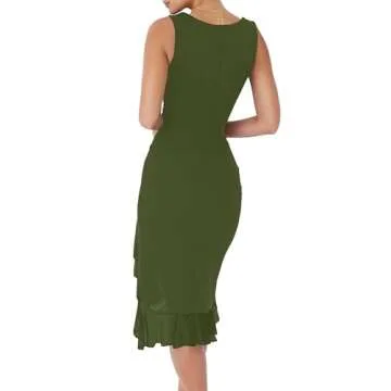 BORIFLORS Women's Sexy Ruched Bodycon Midi Dresses Square Neck Sleeveless Ruffle Hem Club Party Tank Dress, X-Large, Army Green