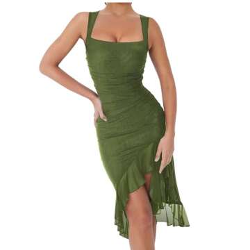 BORIFLORS Women's Sexy Ruched Bodycon Midi Dresses Square Neck Sleeveless Ruffle Hem Club Party Tank Dress, X-Large, Army Green