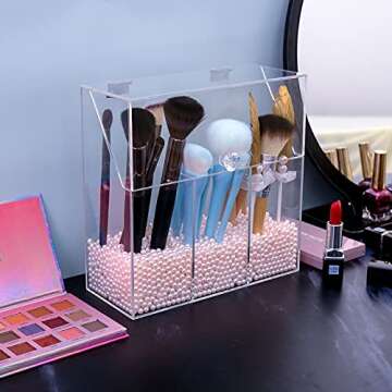 weddingwish Makeup Brush Holder with Decorative Pink Pearls, 3-Slot Personal Organizer with Closable Protective Lid, Heavy-Duty Acrylic, Bathroom Cosmetics Storage System……