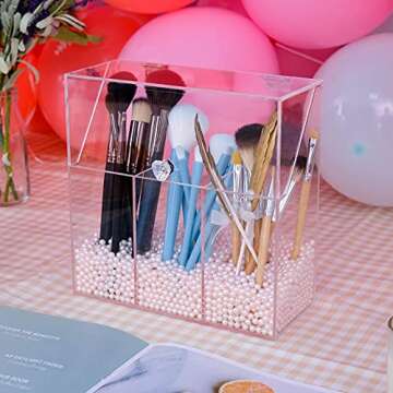 weddingwish Makeup Brush Holder with Decorative Pink Pearls, 3-Slot Personal Organizer with Closable Protective Lid, Heavy-Duty Acrylic, Bathroom Cosmetics Storage System……