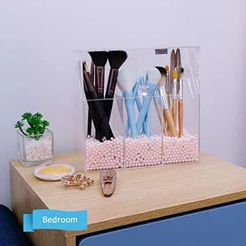 weddingwish Makeup Brush Holder with Decorative Pink Pearls, 3-Slot Personal Organizer with Closable Protective Lid, Heavy-Duty Acrylic, Bathroom Cosmetics Storage System……