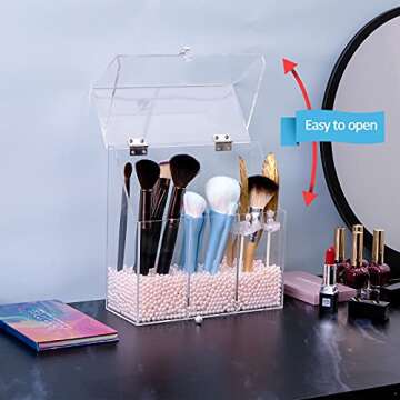 weddingwish Makeup Brush Holder with Decorative Pink Pearls, 3-Slot Personal Organizer with Closable Protective Lid, Heavy-Duty Acrylic, Bathroom Cosmetics Storage System……