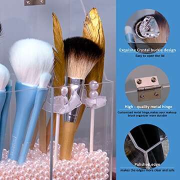 weddingwish Makeup Brush Holder with Decorative Pink Pearls, 3-Slot Personal Organizer with Closable Protective Lid, Heavy-Duty Acrylic, Bathroom Cosmetics Storage System……