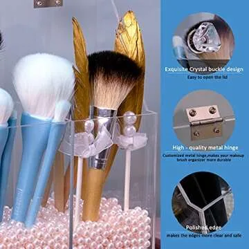 weddingwish Makeup Brush Holder with Decorative Pink Pearls, 3-Slot Personal Organizer with Closable Protective Lid, Heavy-Duty Acrylic, Bathroom Cosmetics Storage System……