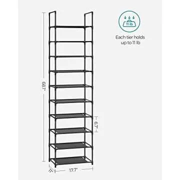 SONGMICS Shoe Rack, 10 Tier Shoe Shelf, Shoe Storage Organizer, Space-Saving, 11 x 17.7 x 68.1 Inches, Metal Frame, Non-Woven Fabric Shelves, for Entryway, Bedroom, Black ULSH010B02