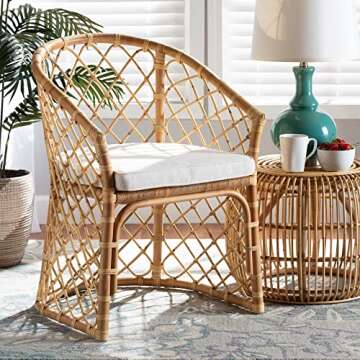 Baxton Studio Orchard Modern Bohemian White Fabric Upholstered and Natural Brown Rattan Dining Chair
