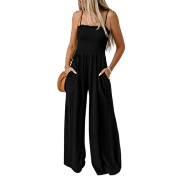 PRETTYGARDEN One Piece Jumpsuits for Women Summer Smocked Spaghetti Strap Wide Leg Dressy Casual Lon...