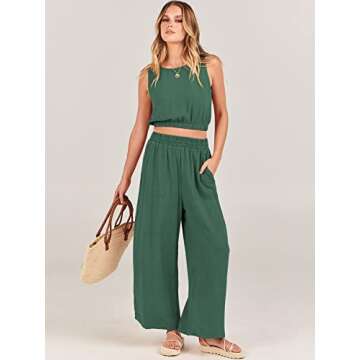 ANRABESS Women’s Summer 2 Piece Outfits Sleeveless Crop Top Tank and Wide Leg Pants Linen Jumpsuit Beach Vacation Sets Green Medium
