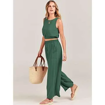 ANRABESS Women’s Summer 2 Piece Outfits Sleeveless Crop Top Tank and Wide Leg Pants Linen Jumpsuit Beach Vacation Sets Green Medium