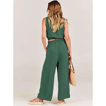 ANRABESS Women’s Summer 2 Piece Outfits Sleeveless Crop Top Tank and Wide Leg Pants Linen Jumpsuit Beach Vacation Sets Green Medium