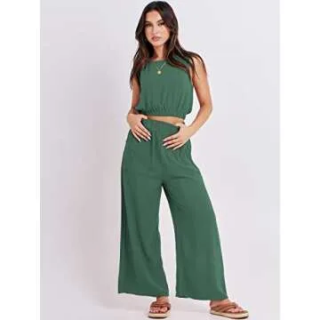 ANRABESS Women’s Summer 2 Piece Outfits Sleeveless Crop Top Tank and Wide Leg Pants Linen Jumpsuit Beach Vacation Sets Green Medium