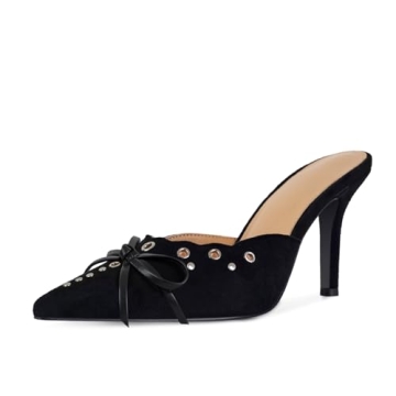 DOEYG Black Kitten Heels for Women Pointed Toe Heels Dressy Bow Heels Vintage Heels Mules Sexy Point...