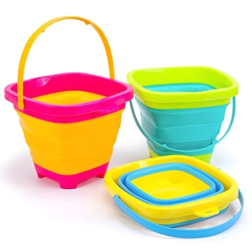 Shindel 3 Pieces Foldable Beach Bucket Set, 2L Silicone Collapsible Toy Buckets for Kids, Multi Purp...