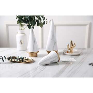 KiaoTime Simple Elegant Ceramic White Gold Christmas Tree Tabletop Counter Centerpiece Mantel Shelf Home Decor Accents Xmas Christmas Tree Decoration Ornament (Complete Set of 3)