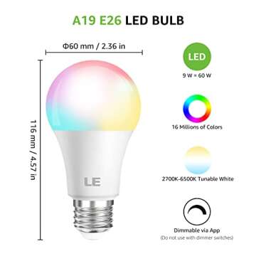 LE Color Changing Light Bulbs, Bluetooth Smart LED Bulb, Dimmable via App, 60 Watt Equivalent, 2700K-6500K Tunable White, A19 E26 RGB Bulb for Bedroom Home Party and More