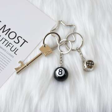 THSOGO 8 Ball Keychain Silver Star Key Chain Bottle Opener Dice Cute Bag Charm Accessories Gift for ...