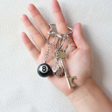 THSOGO 8 Ball Keychain Silver Star Key Chain Bottle Opener Dice Cute Bag Charm Accessories Gift for Him Her